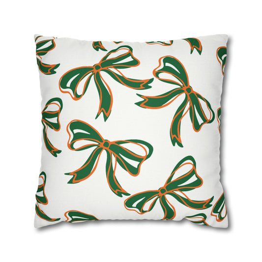 Trendy Bow College Pillow Cover - Dorm Pillow, Graduation Gift,Bed Party Gift,Acceptance Gift,College Gift, Miami Hurricanes, orange & green