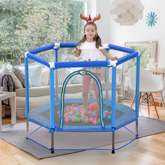 4.6FT Mini Hexagon Trampoline for Kids, Indoor Outdoor Trampoline with Safety Enclosure Net and Ball, Toddler Small Trampoline Gifts for Boy and Girls, 110 lbs Weight Capacity, Blue