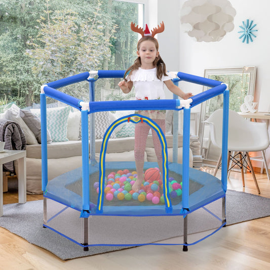 5.5FT Mini Round Trampoline with Ocean Balls, Indoor Outdoor Toddlers Trampoline with Enclosure Net, Kids Small Trampoline Gifts for Boy and Girls, 220 lbs Weight Capacity, Blue