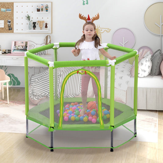5.5FT Mini Round Trampoline with Ocean Balls, Indoor Outdoor Toddlers Trampoline with Enclosure Net, Kids Small Trampoline Gifts for Boy and Girls, 220 lbs Weight Capacity, Green