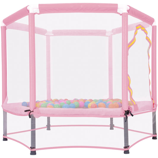 55'' Toddlers Trampoline, Indoor Outdoor Mini Trampoline with Ocean Ball and Safety Enclosure Net, Kids Small Round Trampoline with U-typed & Two-way Zipper for Boy and Girls, Pink