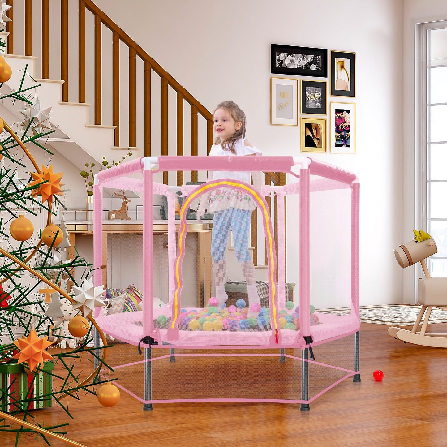 55'' Toddlers Trampoline with Safety Enclosure Net and Balls, Indoor Outdoor Mini Trampoline with Safety Enclosure Net and Balls, Birthday Gifts Baby Toddler Trampoline Toys for Kids, Pink