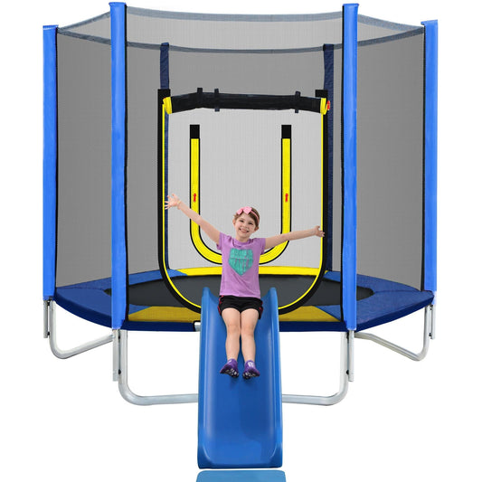 7FT Trampoline for Kids and Adults, Outdoor Trampoline with Safety Enclosure Net, Slide and Ladder, Heavy Duty Backyard Round Recreational Trampoline, Blue