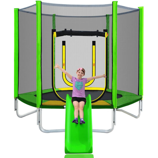 7FT Trampoline for Kids and Adults, Outdoor Trampoline with Safety Enclosure Net, Slide and Ladder, Heavy Duty Backyard Round Recreational Trampoline, Green