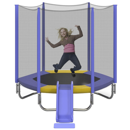 7FT Trampoline for Kids and Adults, Outdoor Trampoline with Safety Enclosure Net, Slide and Ladder, Heavy Duty Backyard Round Recreational Trampoline, Purple