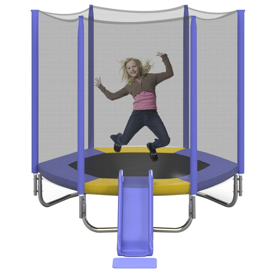 7FT Trampoline for Kids with Safety Enclosure Net, Recreational Trampoline with Slide and Ladder, Round Outdoor Trampoline,Waterproof Jump Mat for Kids, Teens, Boys, Girls, Purple
