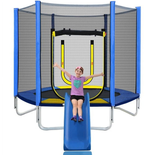 7FT Trampoline for Kids with Safety Enclosure Net, Recreational Trampoline with Slide and Ladder, Round Outdoor Trampoline,Waterproof Jump Mat for Kids, Teens, Boys, Girls